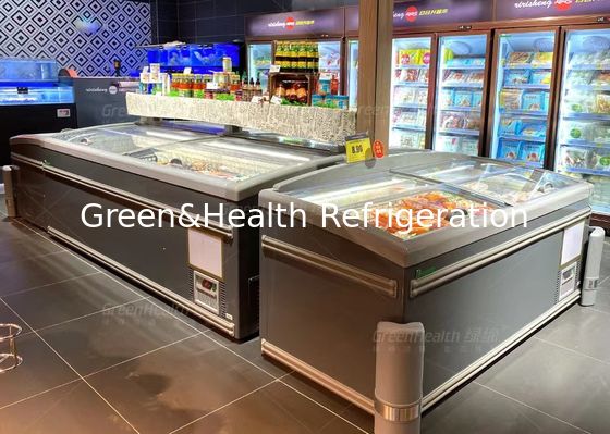 1000L 슈퍼마켓을 위한 광고 방송에 의하여 구부려지는 유리제 최고 섬 전시 냉장고